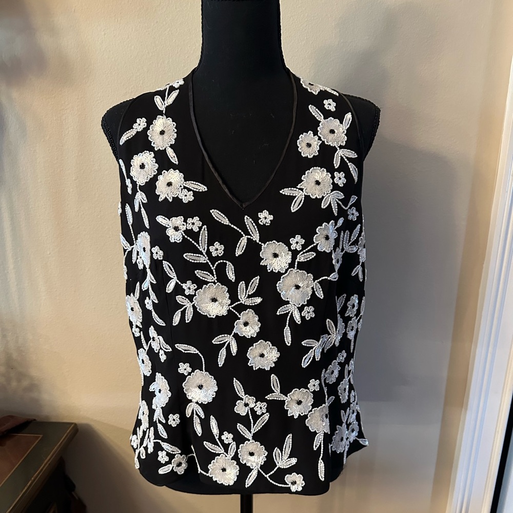 JKARA V Neck Sleeveless Sequin & Beaded Top - Holiday or Date Night